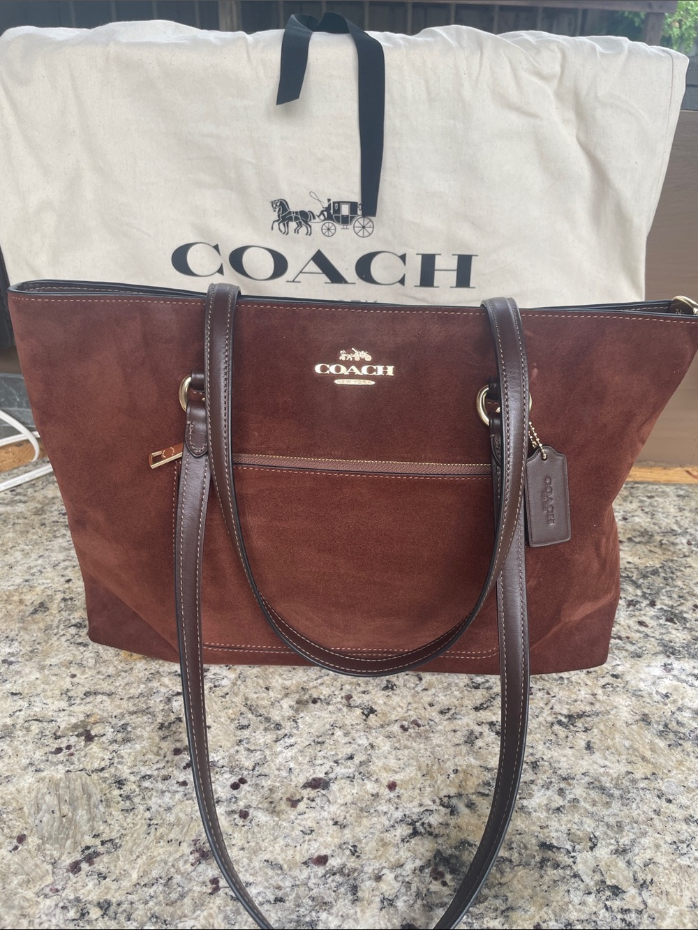 Coach Suede Tote in Rich Chestnut with Dark Brown Trim